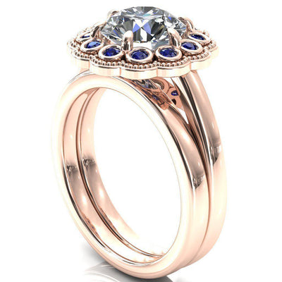 Zinnia Round Moissanite 6 Prongs Milgrain Halo Accent Blue Sapphire Ring-Custom-Made Jewelry-Fire & Brilliance ®