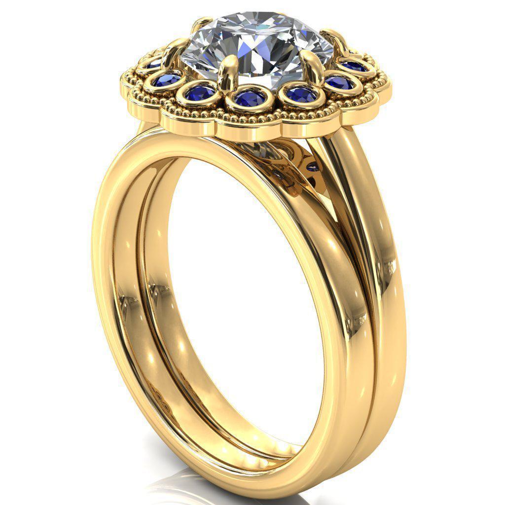 Zinnia Round Moissanite 6 Prongs Milgrain Halo Accent Blue Sapphire Ring-Custom-Made Jewelry-Fire & Brilliance ®