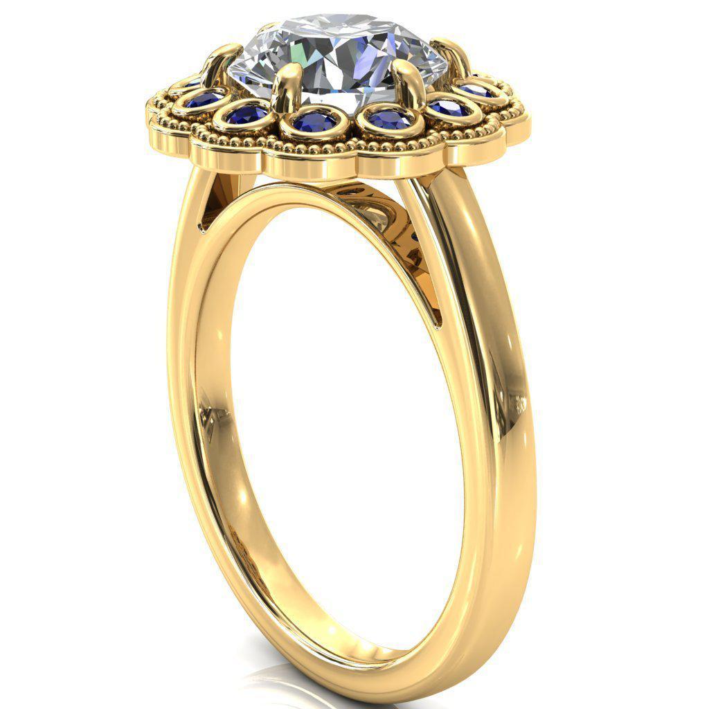 Zinnia Round Moissanite 6 Prongs Milgrain Halo Accent Blue Sapphire Ring-Custom-Made Jewelry-Fire & Brilliance ®