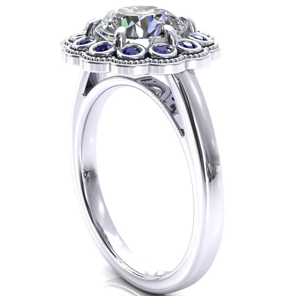 Zinnia Round Moissanite 6 Prongs Milgrain Halo Accent Blue Sapphire Ring-Custom-Made Jewelry-Fire & Brilliance ®