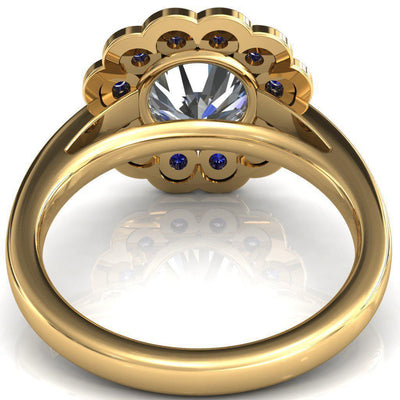 Zinnia Round Moissanite 6 Prongs Milgrain Halo Accent Blue Sapphire Ring-Custom-Made Jewelry-Fire & Brilliance ®