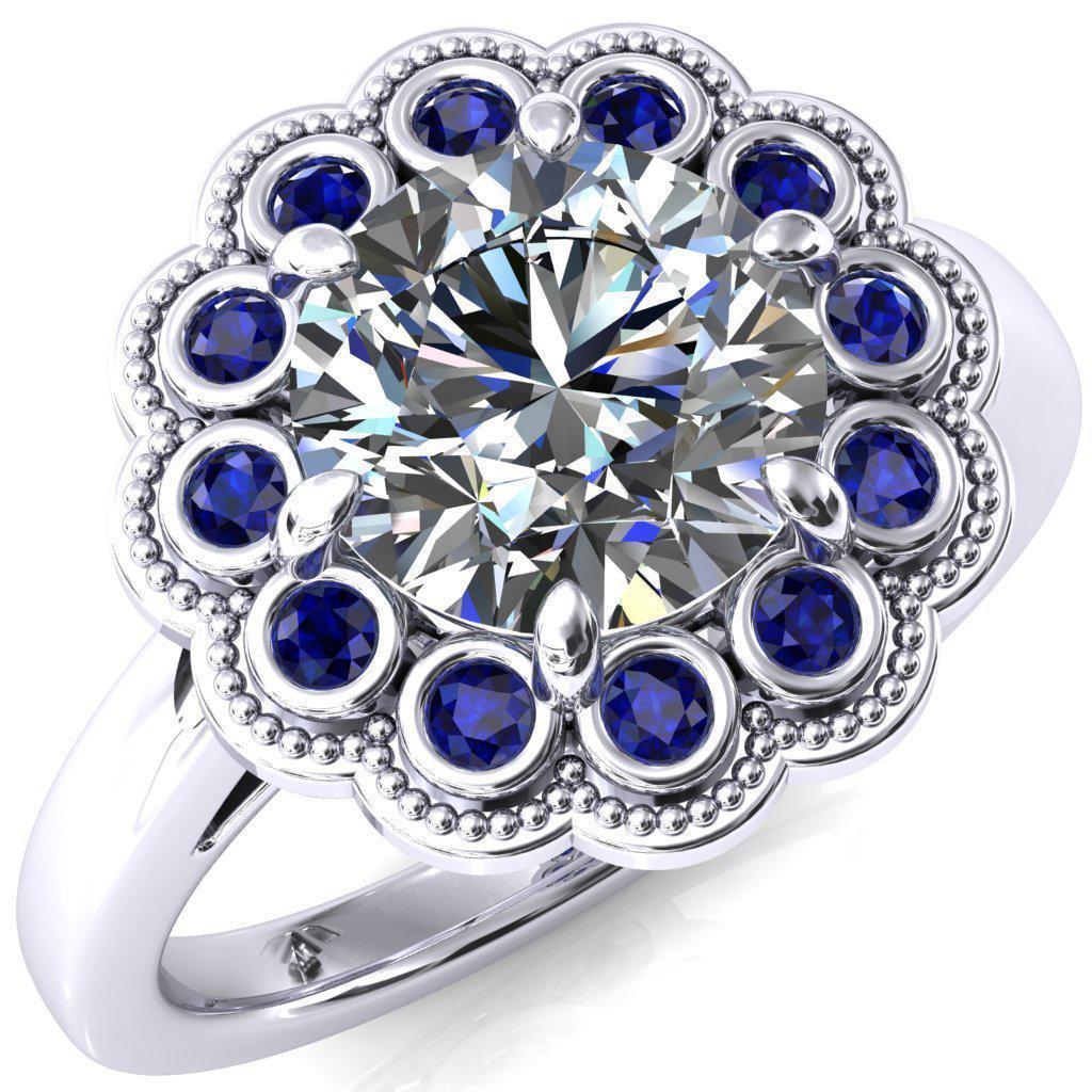 Zinnia Round Moissanite 6 Prongs Milgrain Halo Accent Blue Sapphire Ring-Custom-Made Jewelry-Fire & Brilliance ®