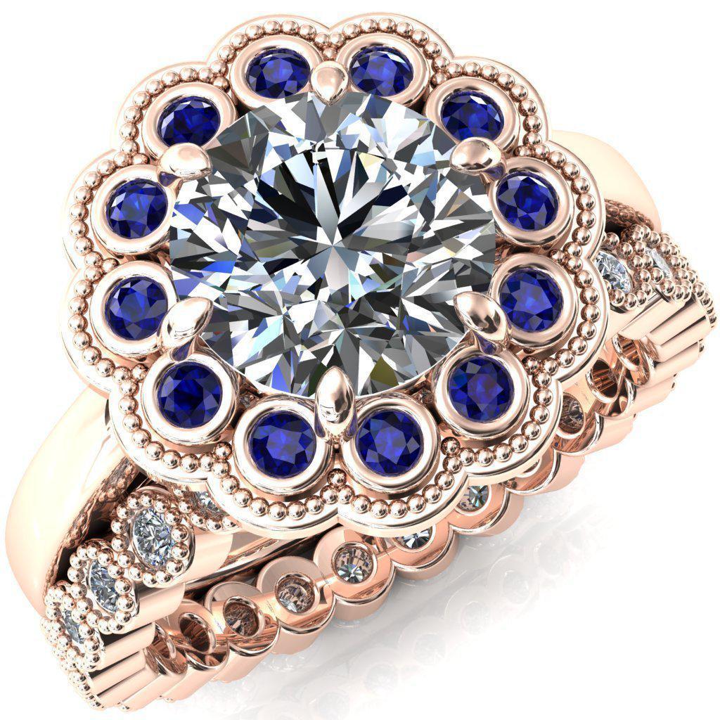 Zinnia Round Moissanite 6 Prongs Milgrain Halo Accent Blue Sapphire Ring-Custom-Made Jewelry-Fire & Brilliance ®