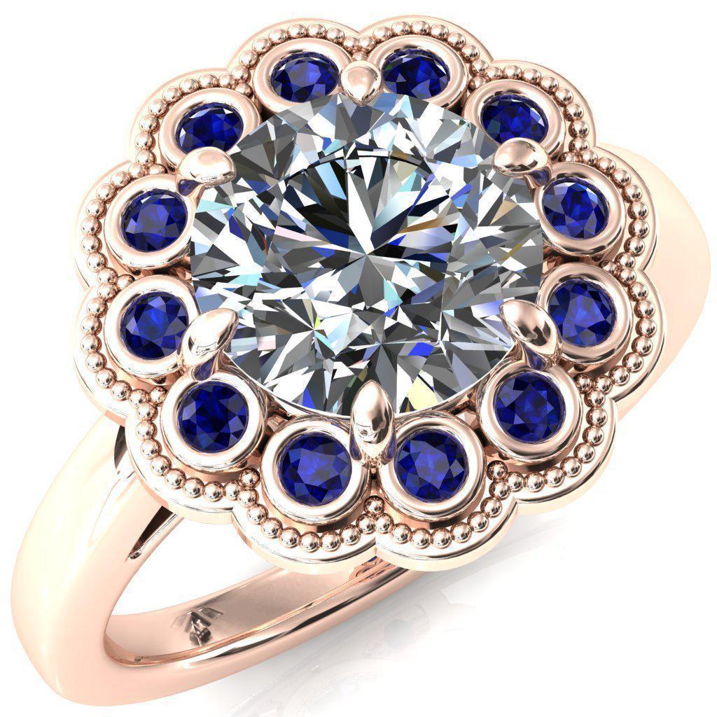 Zinnia Round Moissanite 6 Prongs Milgrain Halo Accent Blue Sapphire Ring-Custom-Made Jewelry-Fire & Brilliance ®