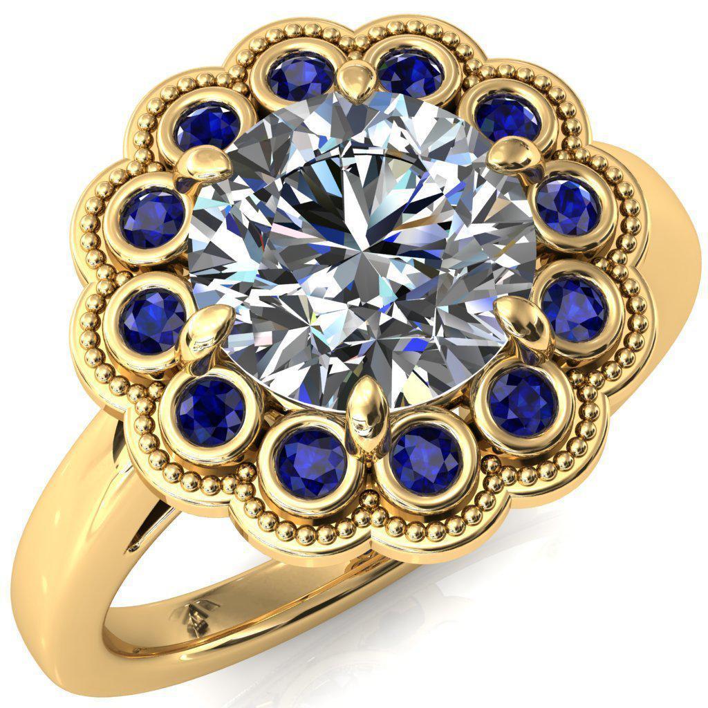 Zinnia Round Moissanite 6 Prongs Milgrain Halo Accent Blue Sapphire Ring-Custom-Made Jewelry-Fire & Brilliance ®