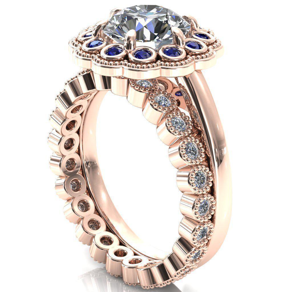 Zinnia Round Moissanite 6 Prongs Milgrain Halo Accent Blue Sapphire Ring-Custom-Made Jewelry-Fire & Brilliance ®