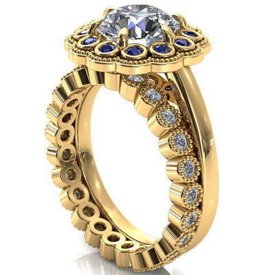 Zinnia Round Moissanite 6 Prongs Milgrain Halo Accent Blue Sapphire Ring-Custom-Made Jewelry-Fire & Brilliance ®