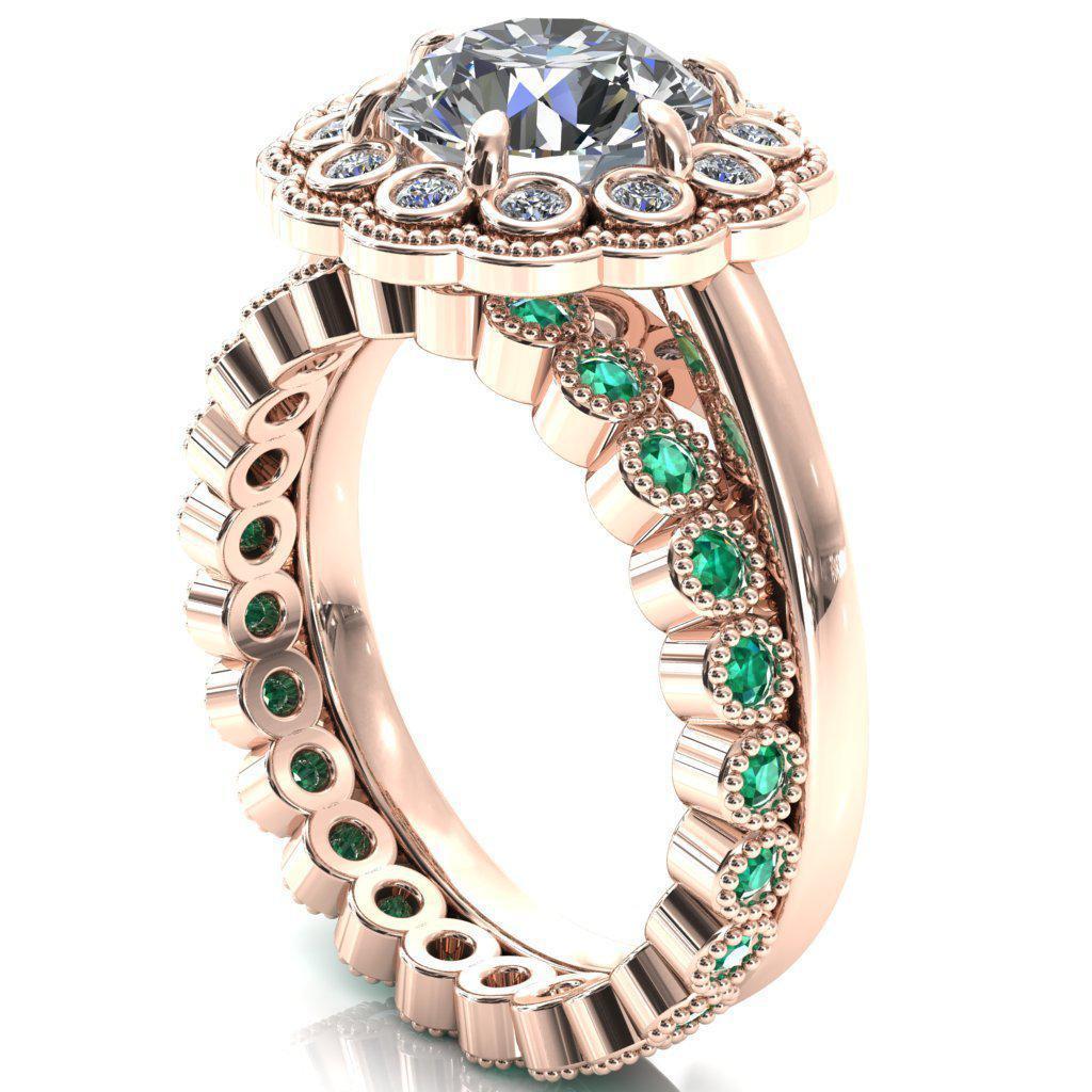 Zinnia Round Moissanite 6 Prongs Milgrain Halo Accent Diamonds Emerald Ring-Custom-Made Jewelry-Fire & Brilliance ®