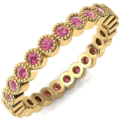 Zinnia Round Moissanite 6 Prongs Milgrain Halo Accent Diamonds Pink Sapphire Ring-Custom-Made Jewelry-Fire & Brilliance ®