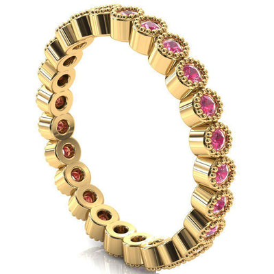 Zinnia Round Moissanite 6 Prongs Milgrain Halo Accent Diamonds Pink Sapphire Ring-Custom-Made Jewelry-Fire & Brilliance ®