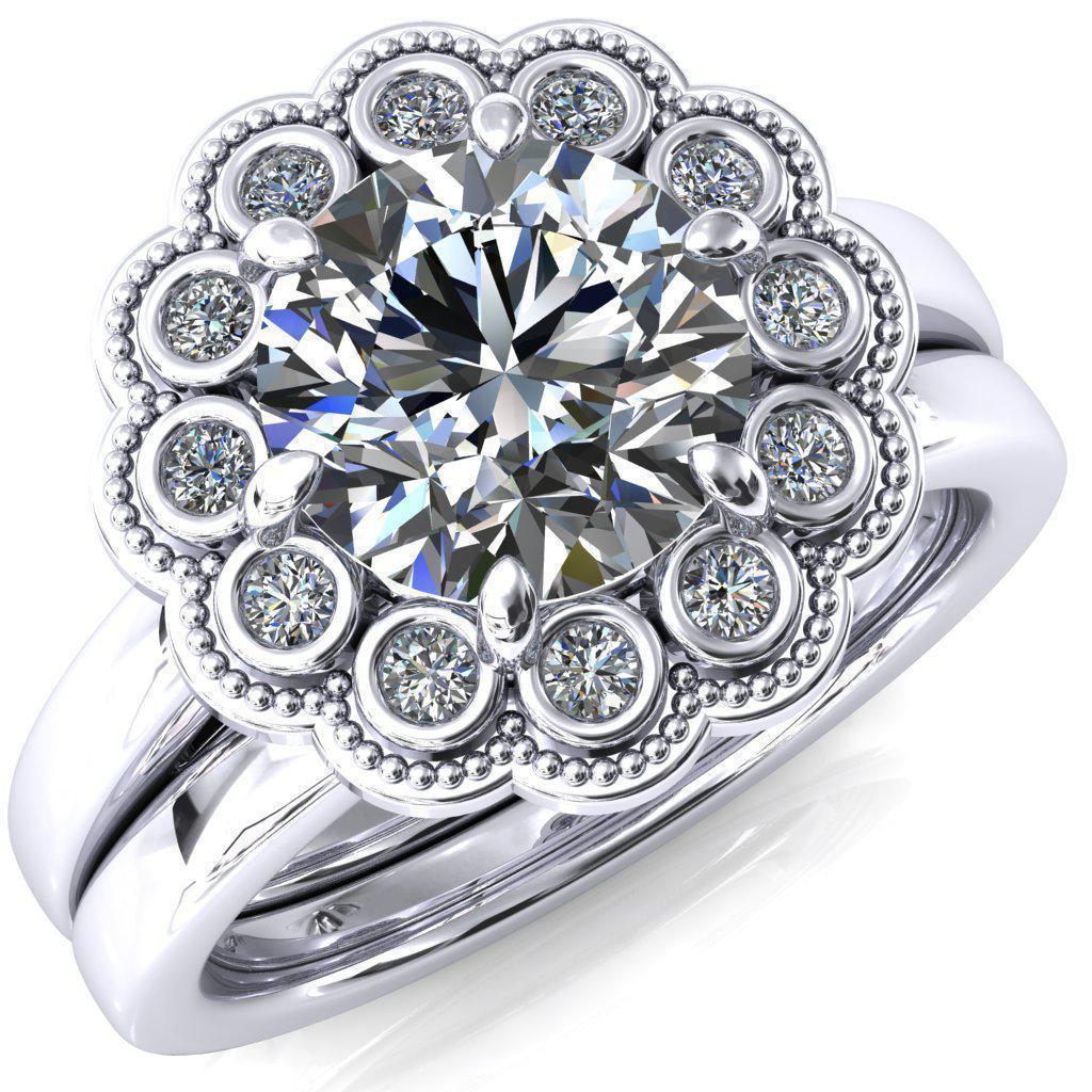 Zinnia Round Moissanite 6 Prongs Milgrain Halo Accent Diamonds Ring-Custom-Made Jewelry-Fire & Brilliance ®