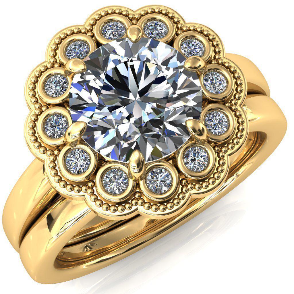 Zinnia Round Moissanite 6 Prongs Milgrain Halo Accent Diamonds Ring-Custom-Made Jewelry-Fire & Brilliance ®