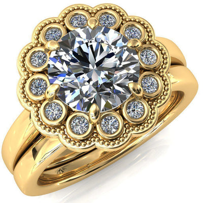 Zinnia Round Moissanite 6 Prongs Milgrain Halo Accent Diamonds Ring-Custom-Made Jewelry-Fire & Brilliance ®