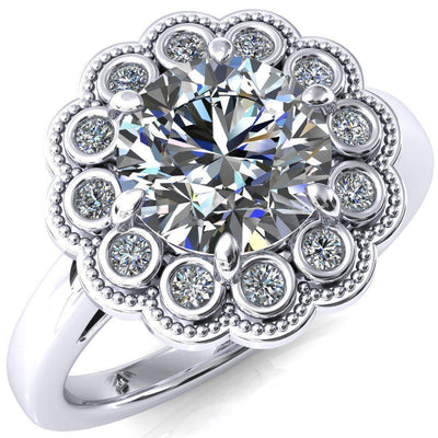 Zinnia Round Moissanite 6 Prongs Milgrain Halo Accent Diamonds Ring-Custom-Made Jewelry-Fire & Brilliance ®