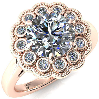 Zinnia Round Moissanite 6 Prongs Milgrain Halo Accent Diamonds Ring-Custom-Made Jewelry-Fire & Brilliance ®