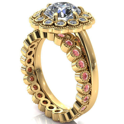 Zinnia Round Moissanite 6 Prongs Milgrain Halo Accent Diamonds Ring-Custom-Made Jewelry-Fire & Brilliance ®