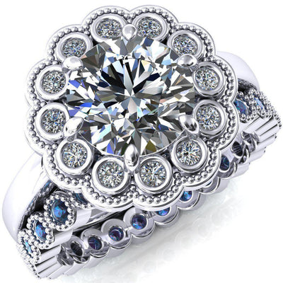 Zinnia Round Moissanite 6 Prongs Milgrain Halo Accent Diamonds Ring-Custom-Made Jewelry-Fire & Brilliance ®