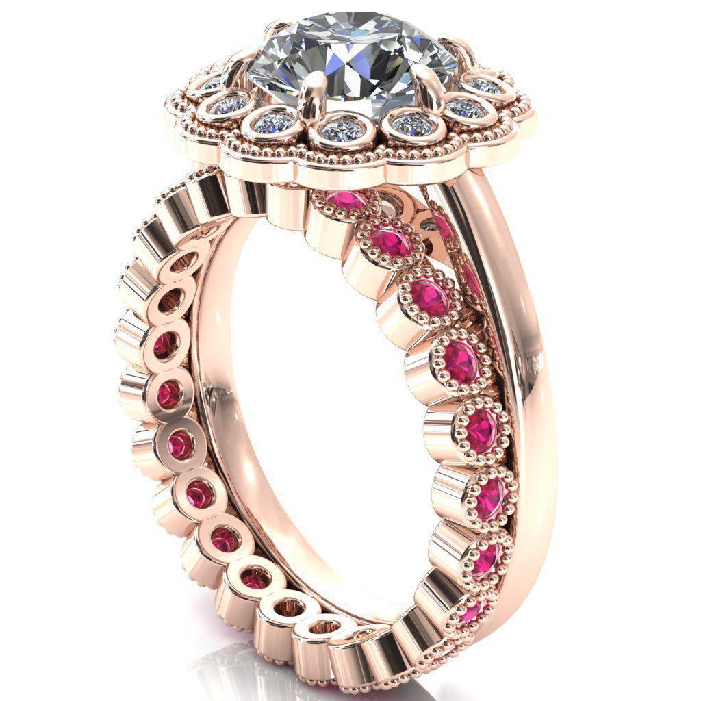 Zinnia Round Moissanite 6 Prongs Milgrain Halo Accent Diamonds Ruby Ring-Custom-Made Jewelry-Fire & Brilliance ®