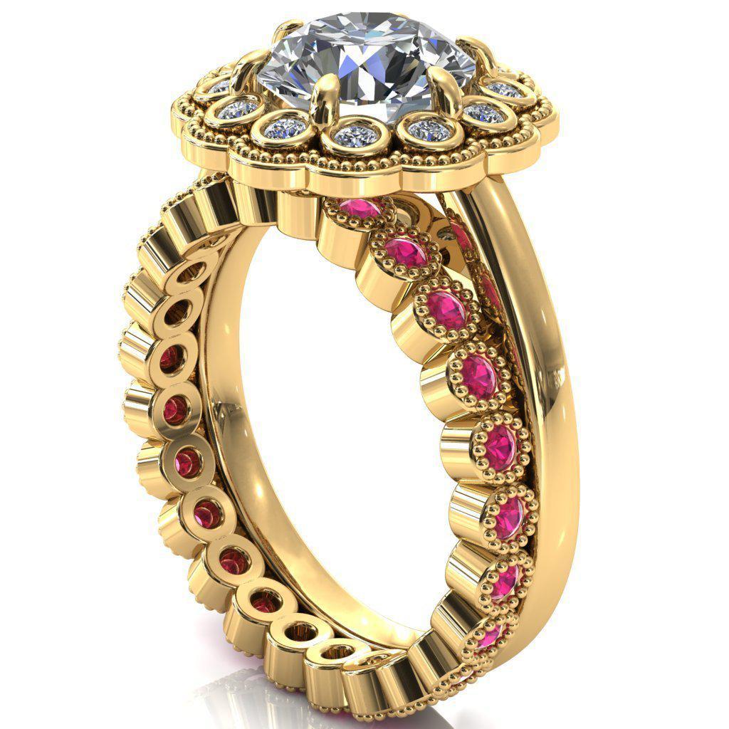 Zinnia Round Moissanite 6 Prongs Milgrain Halo Accent Diamonds Ruby Ring-Custom-Made Jewelry-Fire & Brilliance ®