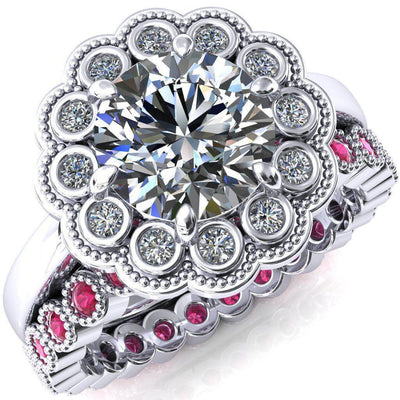 Zinnia Round Moissanite 6 Prongs Milgrain Halo Accent Diamonds Ruby Ring-Custom-Made Jewelry-Fire & Brilliance ®