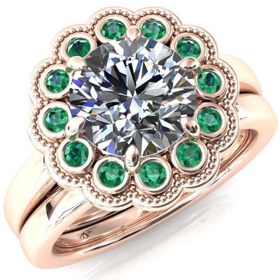 Zinnia Round Moissanite 6 Prongs Milgrain Halo Accent Emerald Ring-Custom-Made Jewelry-Fire & Brilliance ®