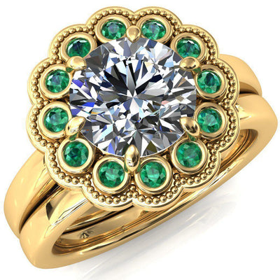 Zinnia Round Moissanite 6 Prongs Milgrain Halo Accent Emerald Ring-Custom-Made Jewelry-Fire & Brilliance ®