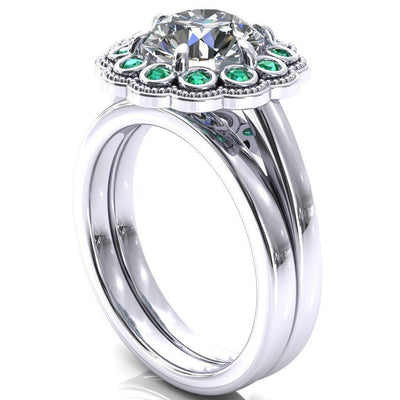 Zinnia Round Moissanite 6 Prongs Milgrain Halo Accent Emerald Ring-Custom-Made Jewelry-Fire & Brilliance ®