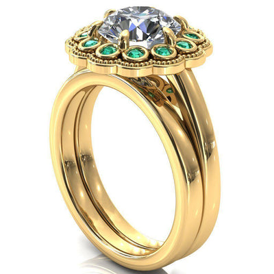 Zinnia Round Moissanite 6 Prongs Milgrain Halo Accent Emerald Ring-Custom-Made Jewelry-Fire & Brilliance ®