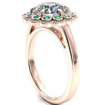 Zinnia Round Moissanite 6 Prongs Milgrain Halo Accent Emerald Ring-Custom-Made Jewelry-Fire & Brilliance ®