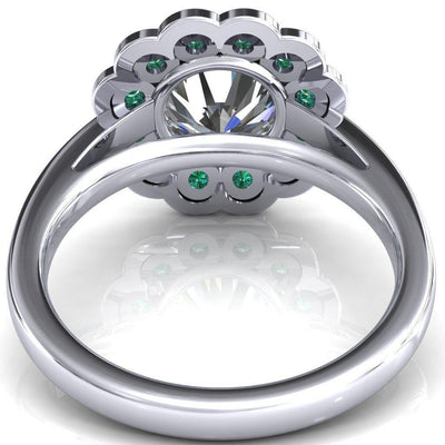 Zinnia Round Moissanite 6 Prongs Milgrain Halo Accent Emerald Ring-Custom-Made Jewelry-Fire & Brilliance ®