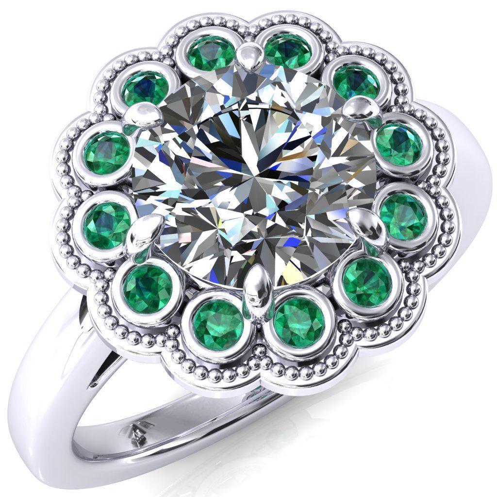Zinnia Round Moissanite 6 Prongs Milgrain Halo Accent Emerald Ring-Custom-Made Jewelry-Fire & Brilliance ®