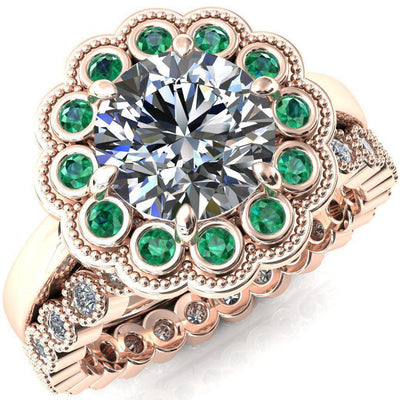 Zinnia Round Moissanite 6 Prongs Milgrain Halo Accent Emerald Ring-Custom-Made Jewelry-Fire & Brilliance ®