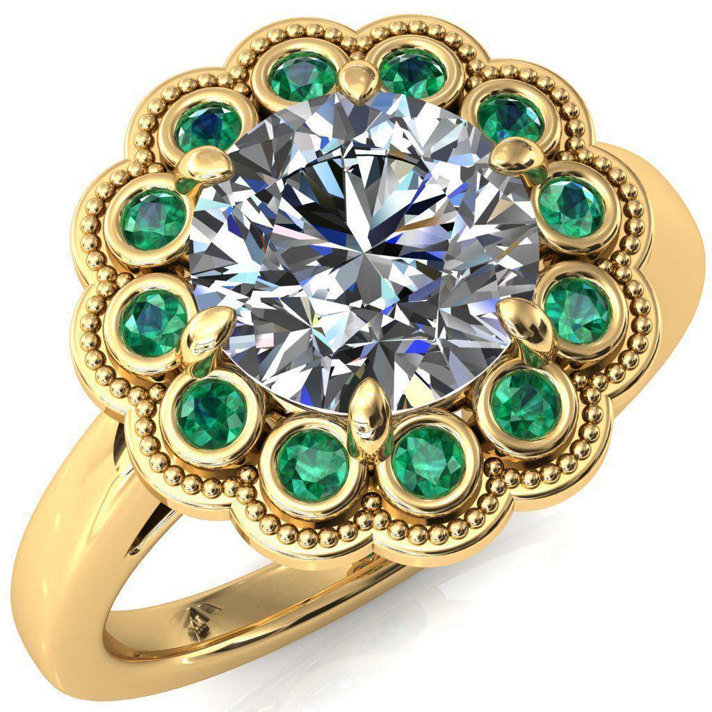 Zinnia Round Moissanite 6 Prongs Milgrain Halo Accent Emerald Ring-Custom-Made Jewelry-Fire & Brilliance ®