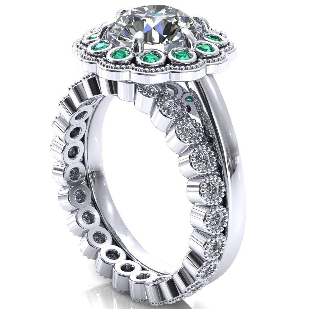 Zinnia Round Moissanite 6 Prongs Milgrain Halo Accent Emerald Ring-Custom-Made Jewelry-Fire & Brilliance ®