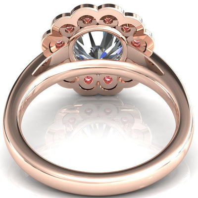 Zinnia Round Moissanite 6 Prongs Milgrain Halo Accent Padparadscha Sapphire Ring-Custom-Made Jewelry-Fire & Brilliance ®