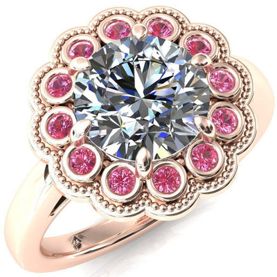 Zinnia Round Moissanite 6 Prongs Milgrain Halo Accent Pink Sapphire Ring-Custom-Made Jewelry-Fire & Brilliance ®