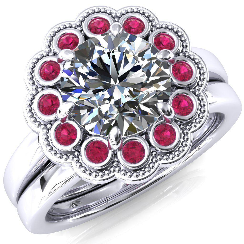 Zinnia Round Moissanite 6 Prongs Milgrain Halo Accent Ruby Ring-Custom-Made Jewelry-Fire & Brilliance ®