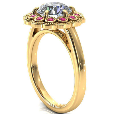 Zinnia Round Moissanite 6 Prongs Milgrain Halo Accent Ruby Ring-Custom-Made Jewelry-Fire & Brilliance ®