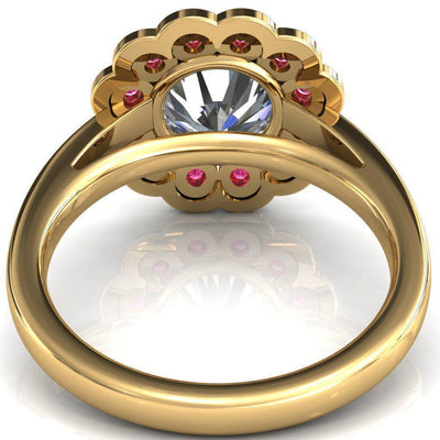 Zinnia Round Moissanite 6 Prongs Milgrain Halo Accent Ruby Ring-Custom-Made Jewelry-Fire & Brilliance ®