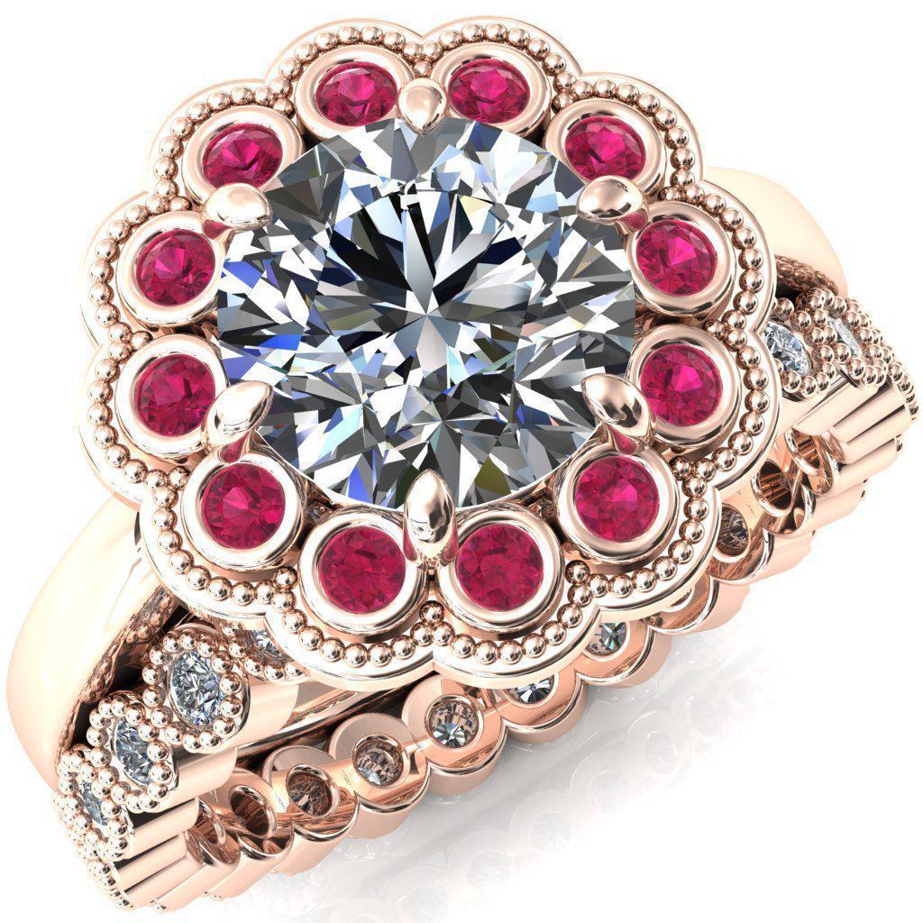 Zinnia Round Moissanite 6 Prongs Milgrain Halo Accent Ruby Ring-Custom-Made Jewelry-Fire & Brilliance ®