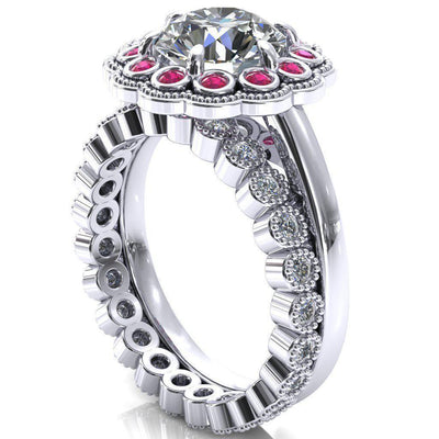 Zinnia Round Moissanite 6 Prongs Milgrain Halo Accent Ruby Ring-Custom-Made Jewelry-Fire & Brilliance ®