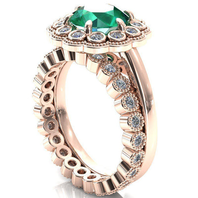 Zinnia Round Emerald 6 Prongs Milgrain Halo Accent Diamonds Ring-Custom-Made Jewelry-Fire & Brilliance ®