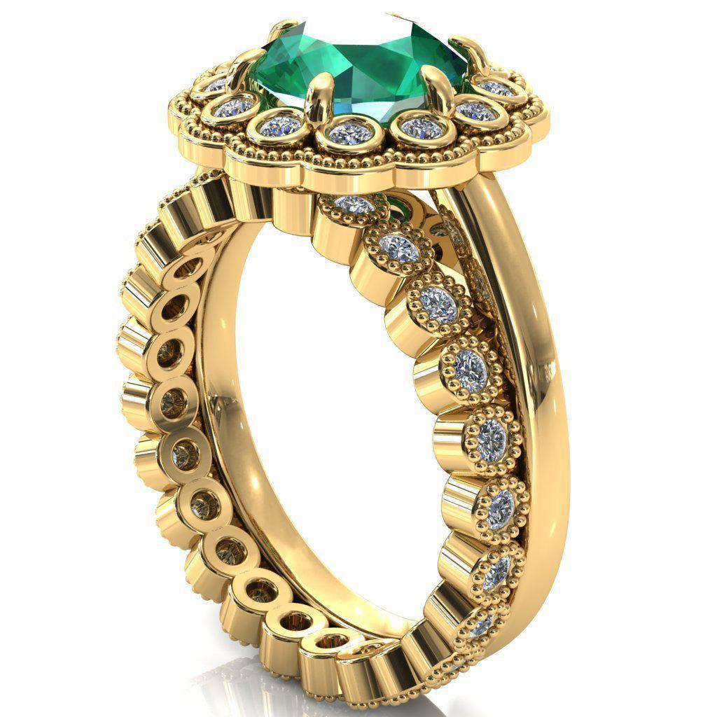 Zinnia Round Emerald 6 Prongs Milgrain Halo Accent Diamonds Ring-Custom-Made Jewelry-Fire & Brilliance ®