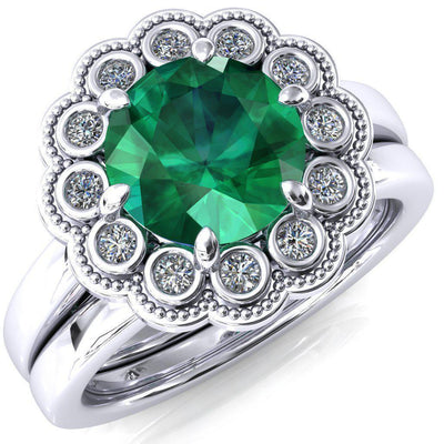 Zinnia Round Emerald 6 Prongs Milgrain Halo Accent Diamonds Ring-Custom-Made Jewelry-Fire & Brilliance ®