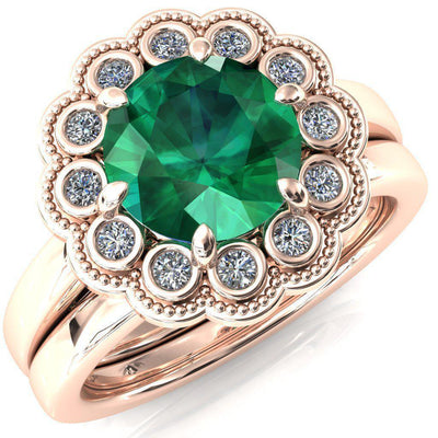 Zinnia Round Emerald 6 Prongs Milgrain Halo Accent Diamonds Ring-Custom-Made Jewelry-Fire & Brilliance ®