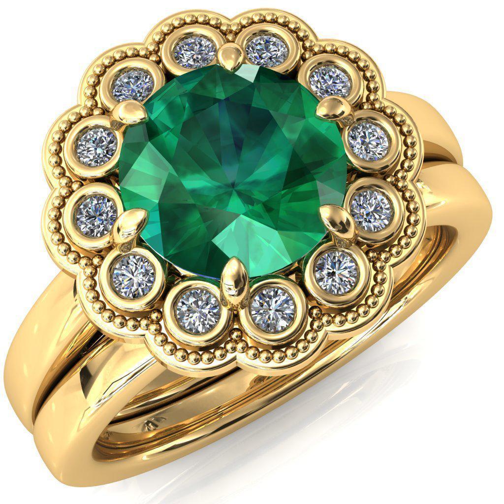 Zinnia Round Emerald 6 Prongs Milgrain Halo Accent Diamonds Ring-Custom-Made Jewelry-Fire & Brilliance ®