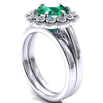 Zinnia Round Emerald 6 Prongs Milgrain Halo Accent Diamonds Ring-Custom-Made Jewelry-Fire & Brilliance ®