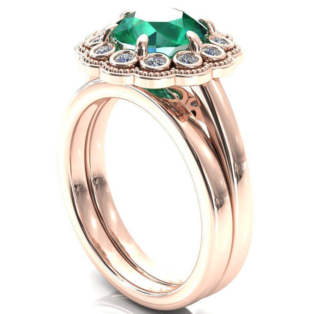 Zinnia Round Emerald 6 Prongs Milgrain Halo Accent Diamonds Ring-Custom-Made Jewelry-Fire & Brilliance ®