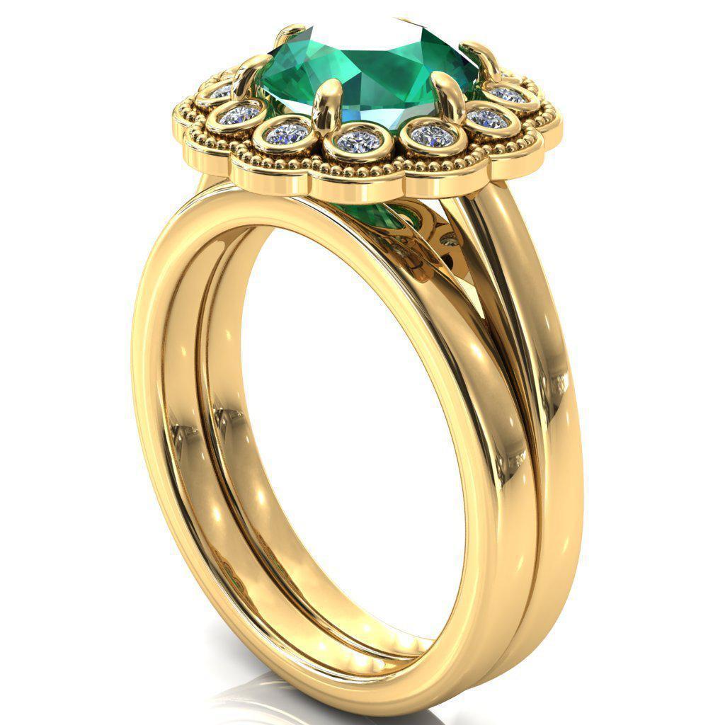 Zinnia Round Emerald 6 Prongs Milgrain Halo Accent Diamonds Ring-Custom-Made Jewelry-Fire & Brilliance ®