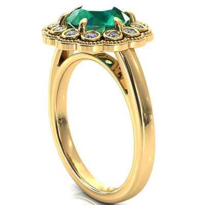 Zinnia Round Emerald 6 Prongs Milgrain Halo Accent Diamonds Ring-Custom-Made Jewelry-Fire & Brilliance ®